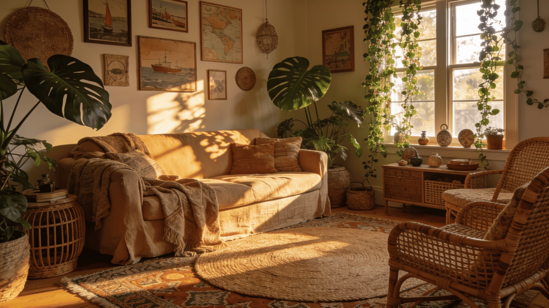 bohemian living room with layered rugs indoor plants rattan furniture and warm relaxed artistic interior vibe