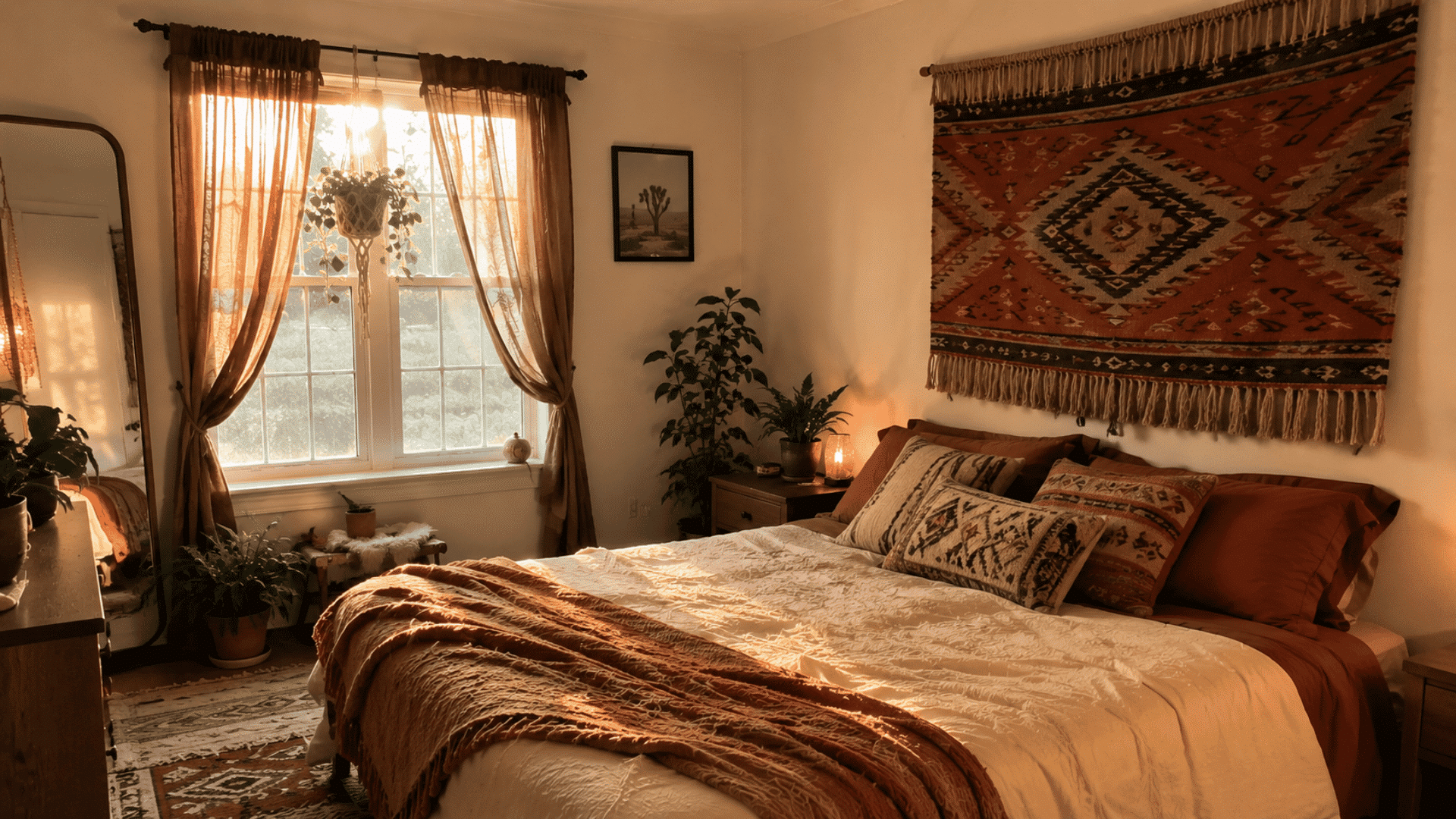 boho bedroom with a large terracotta woven wall hanging above the bed, layered rugs and warm golden hour light