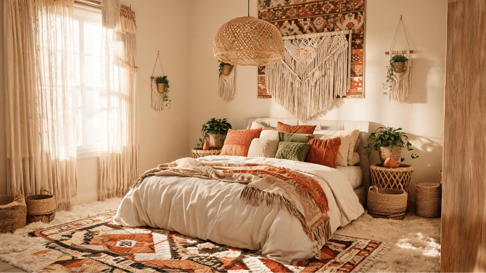 boho bedroom with layered rugs and macrame wall art
