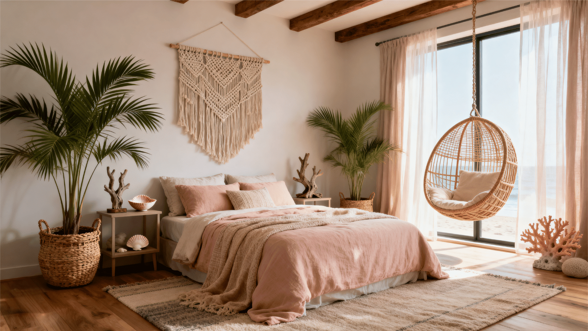 boho bedroom with pink bedding macrame wall hanging rattan hanging chair coral decor and ocean view window view