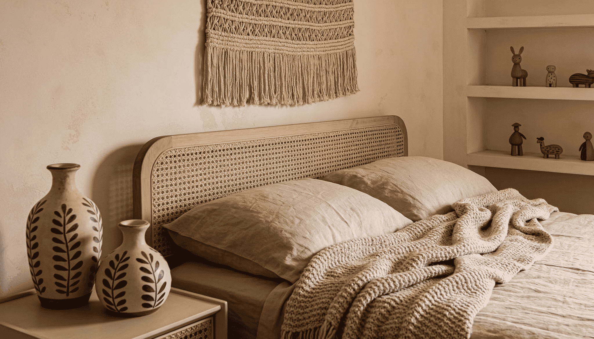 boho bedroom with rattan cane headboard, macramé wall hanging, and handmade ceramic vases