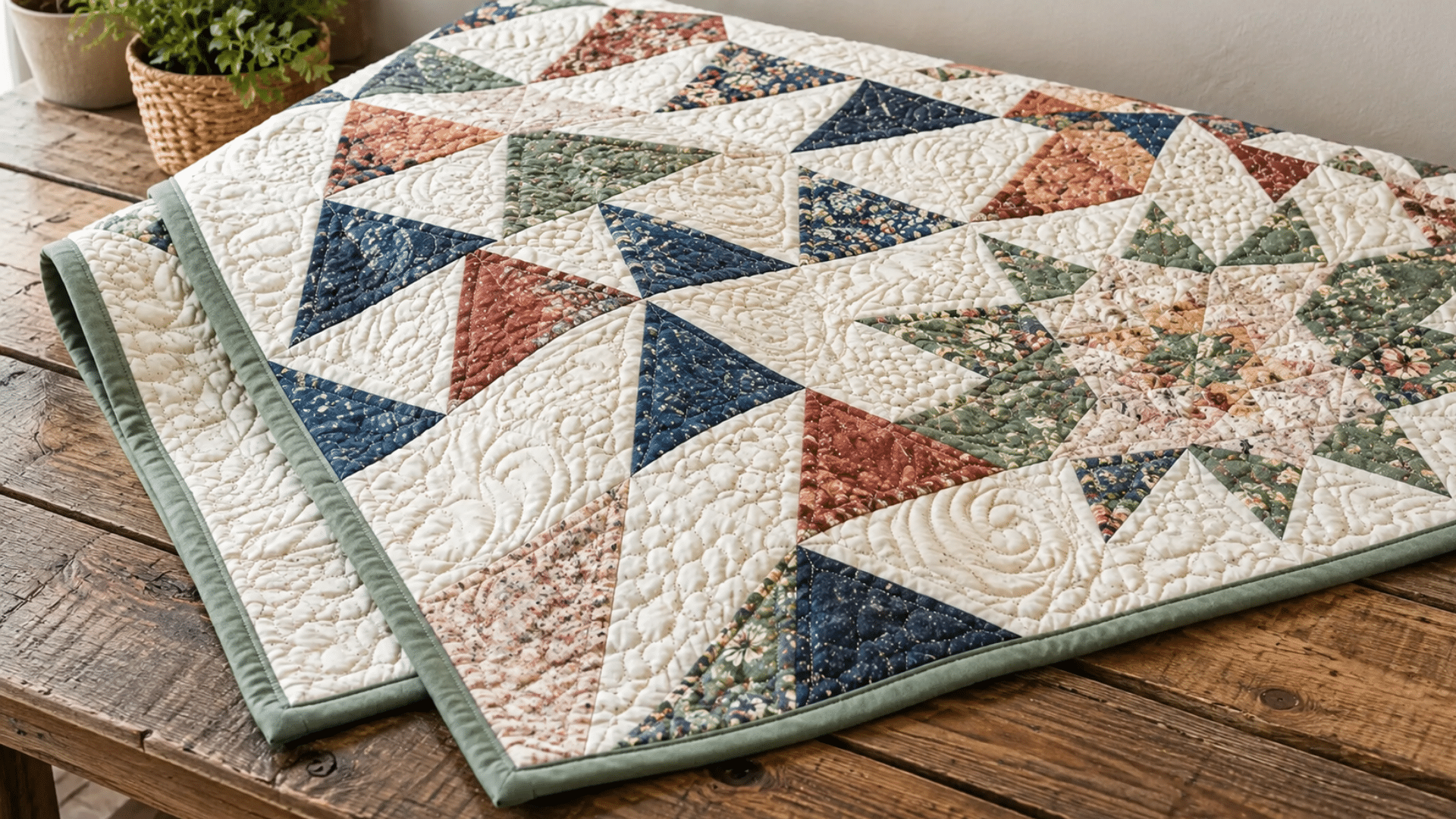 bound patchwork quilt with navy, sage, and terracotta triangles on a rustic wooden table with a small plant