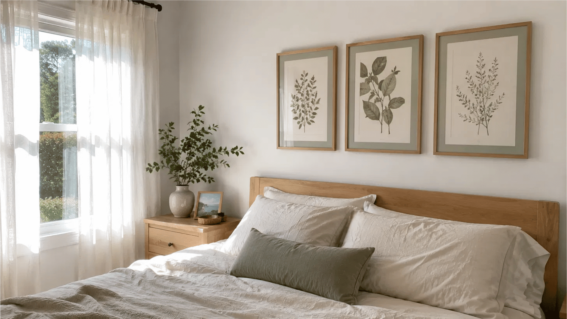 bright airy bedroom with three framed botanical prints above the bed, sage green accents and natural wood furniture