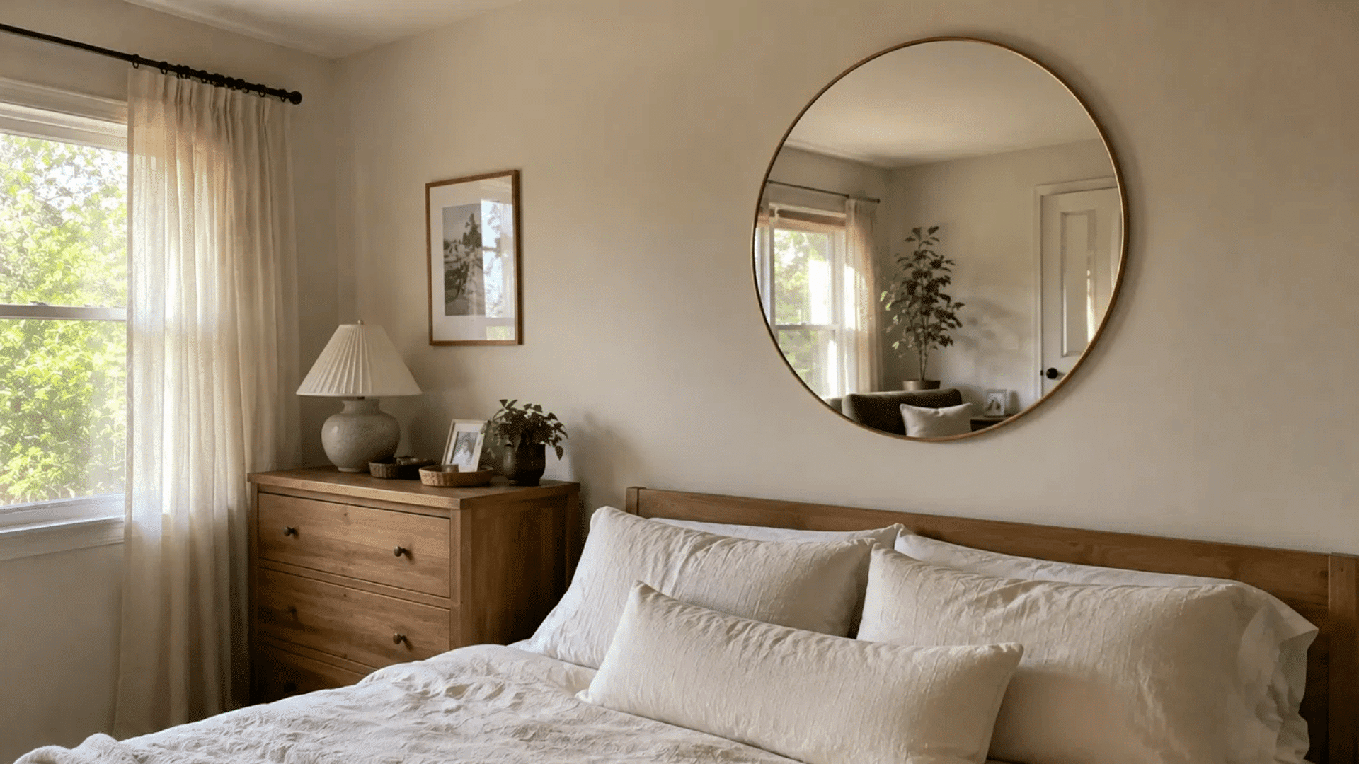 bright bedroom with a large round gold framed mirror above the bed reflecting natural window light and greenery