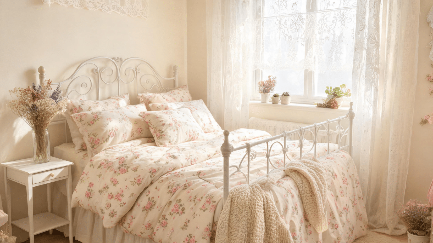 bright bedroom with floral bedding and lace curtains