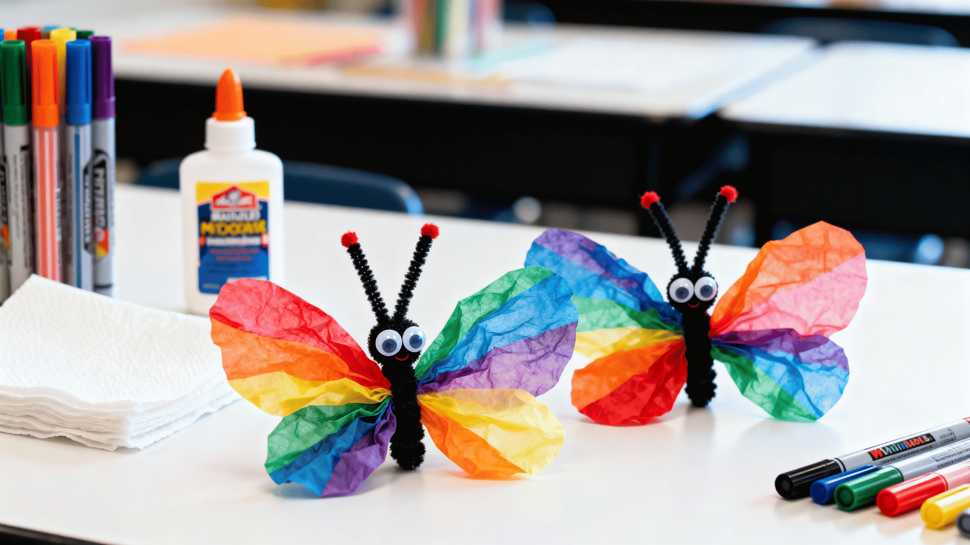 bright coffee filter butterflies with pipe cleaner bodies on a white craft table beside markers, glue, and towels