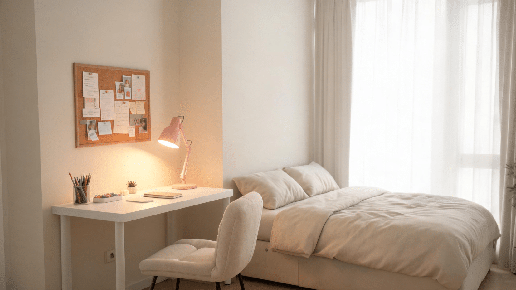 bright cozy bedroom with desk chair and soft natural light