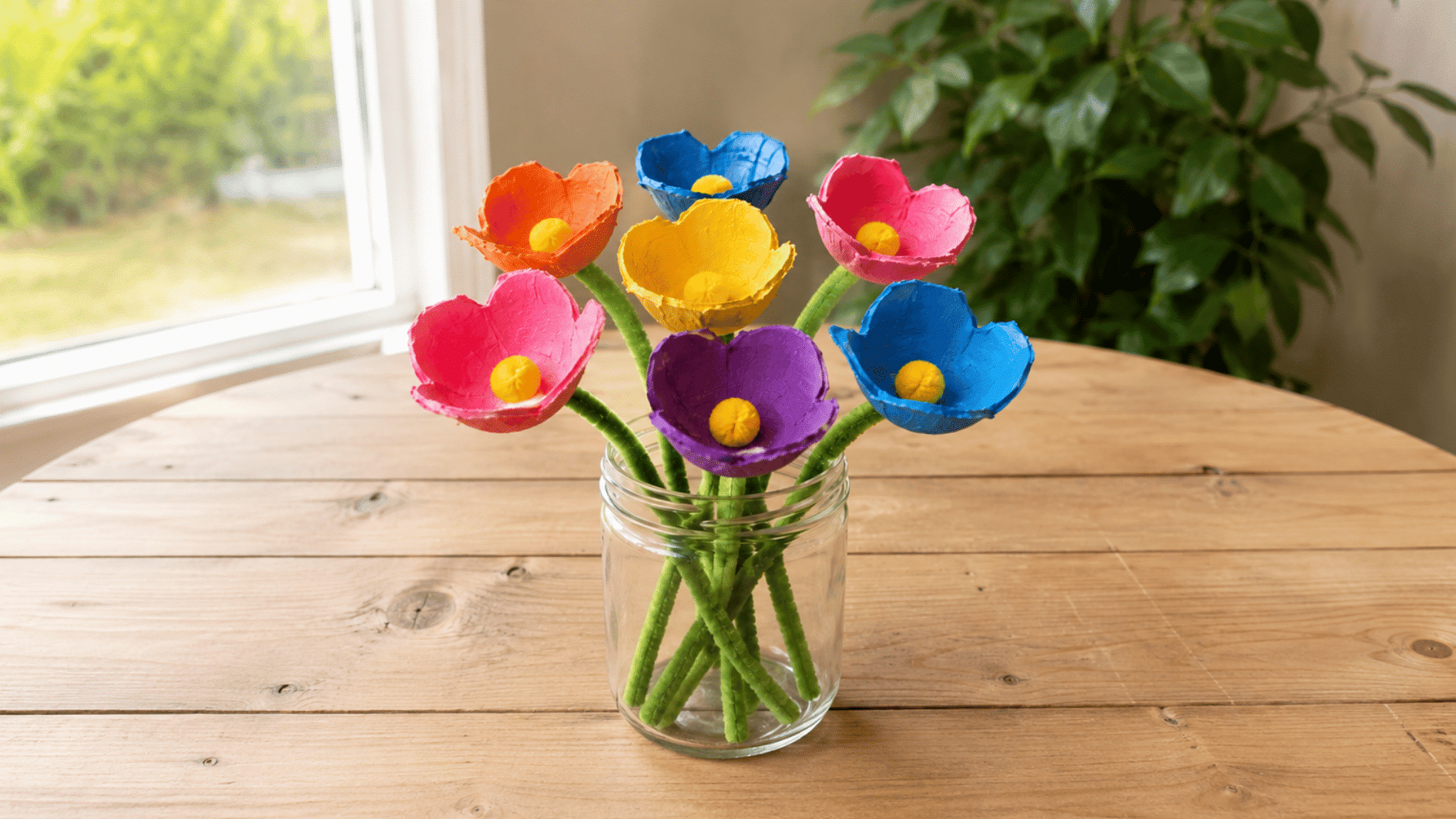 bright egg carton flowers with green pipe cleaner stems arranged in a glass jar on a wooden tabletop