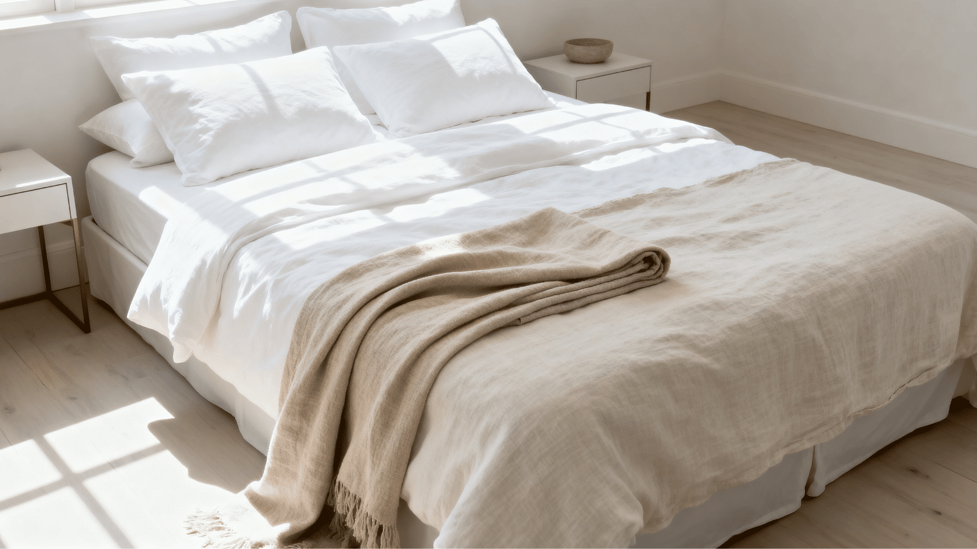 bright guest bedroom with crisp white bedding layered pillows clean linen texture and soft morning window light
