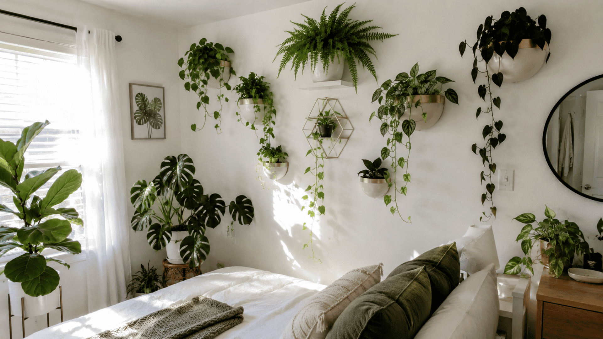 bright white bedroom wall covered in mounted planters with lush trailing and tropical indoor plants at various heights