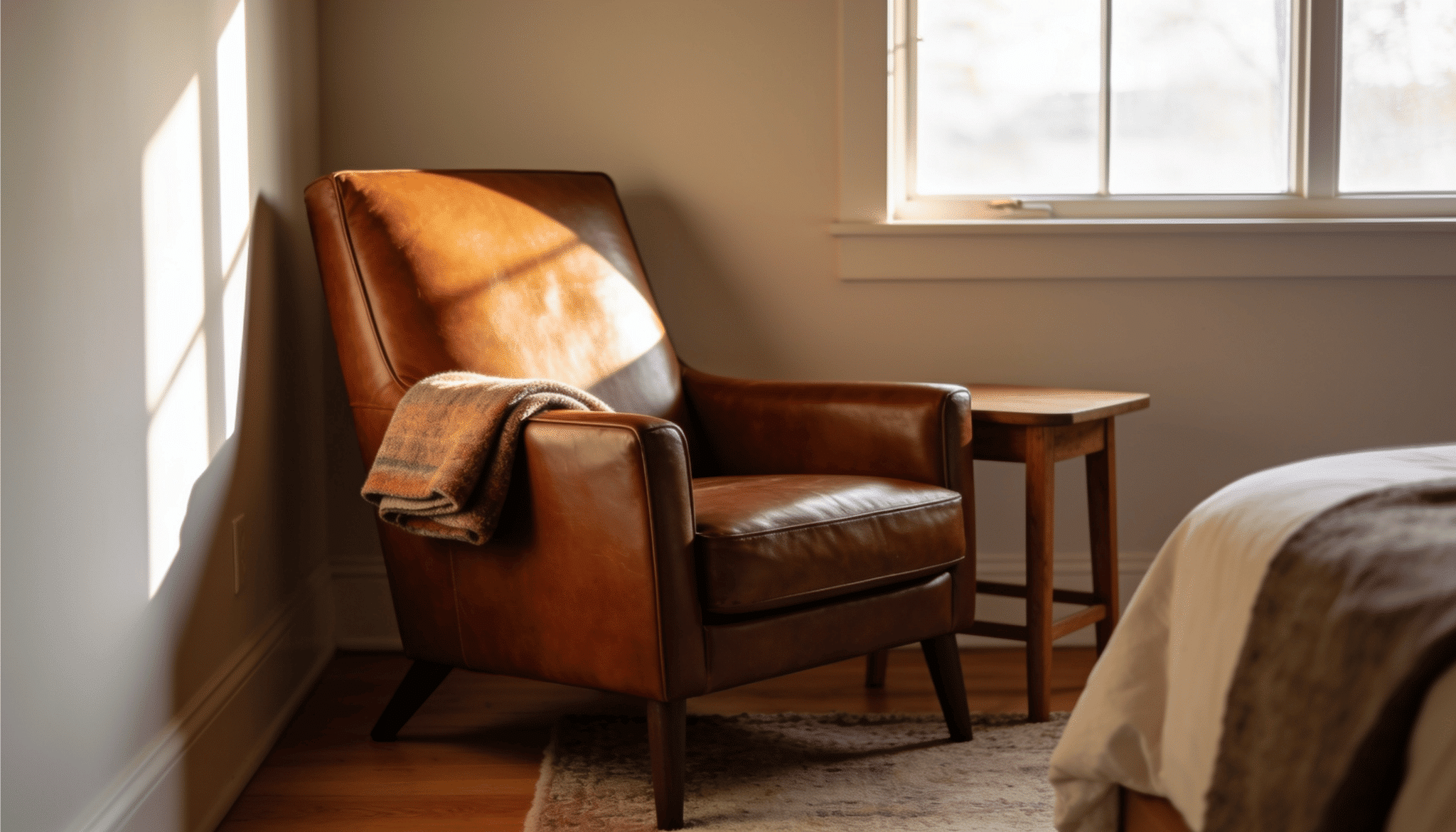 brown leather armchair with wool throw beside wooden side table near sunlit window