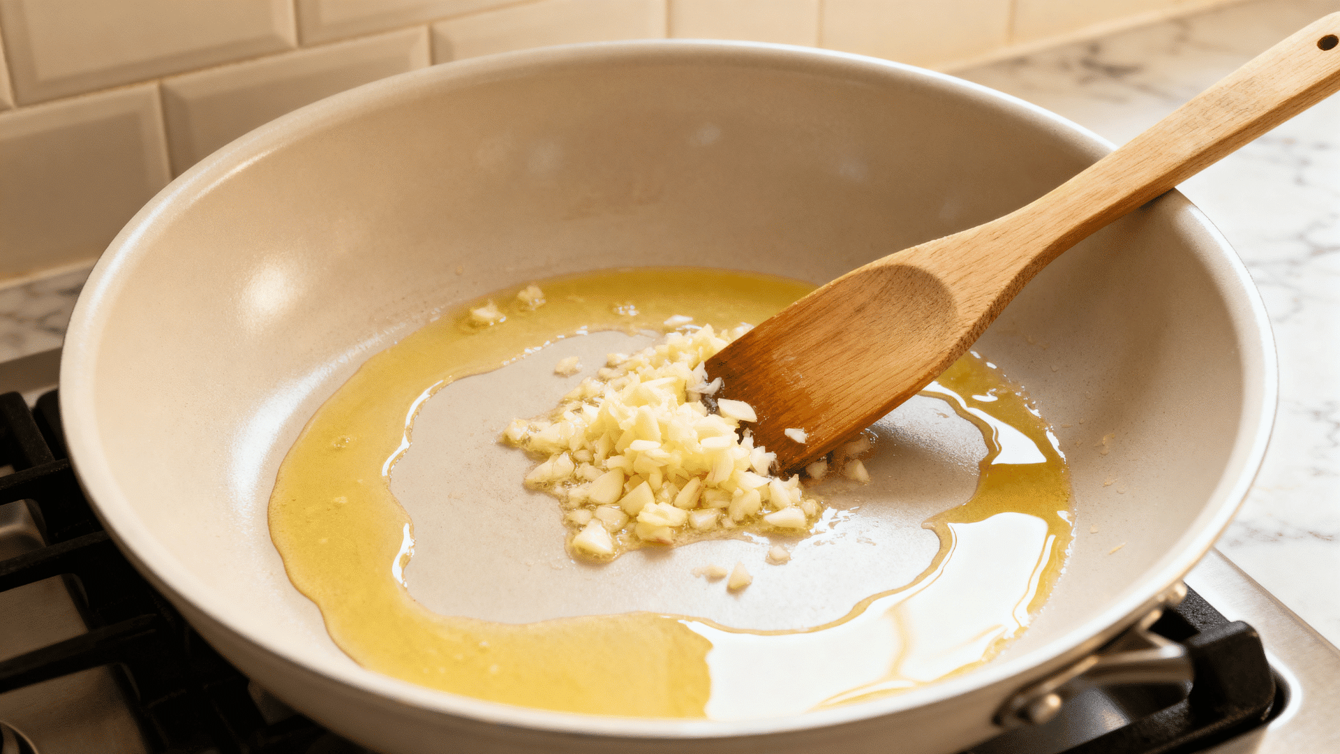 butter and garlic cooking gently in a pan with uncooked penne nearby for homemade white sauce pasta