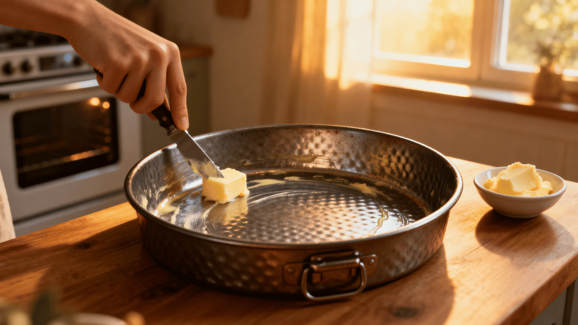 buttered baking pan on a wooden counter, ready for sweet cornbread