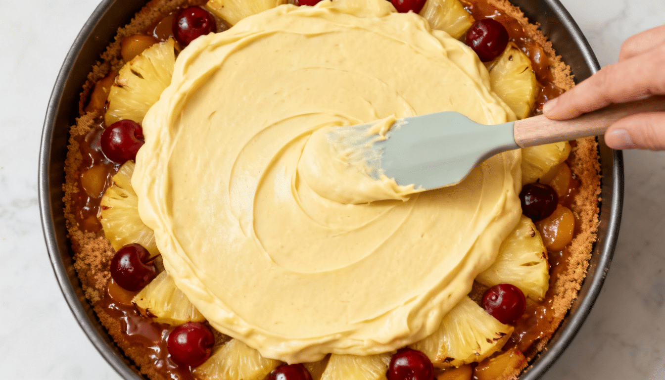 cake batter being spread over pineapple and cherries in a round cake pan before baking pineapple upside-down cake