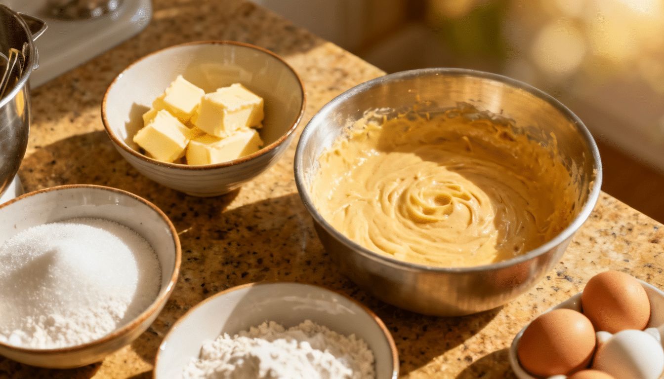 cake batter in mixing bowl with butter, sugar, flour, and eggs arranged on a kitchen countertop for baking