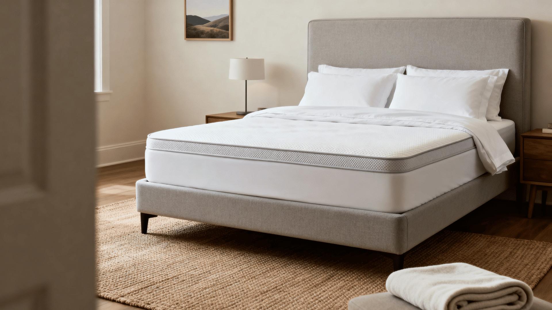 calm guest bedroom with medium firm bed thick topper smooth white sheets and clean protected mattress styling now