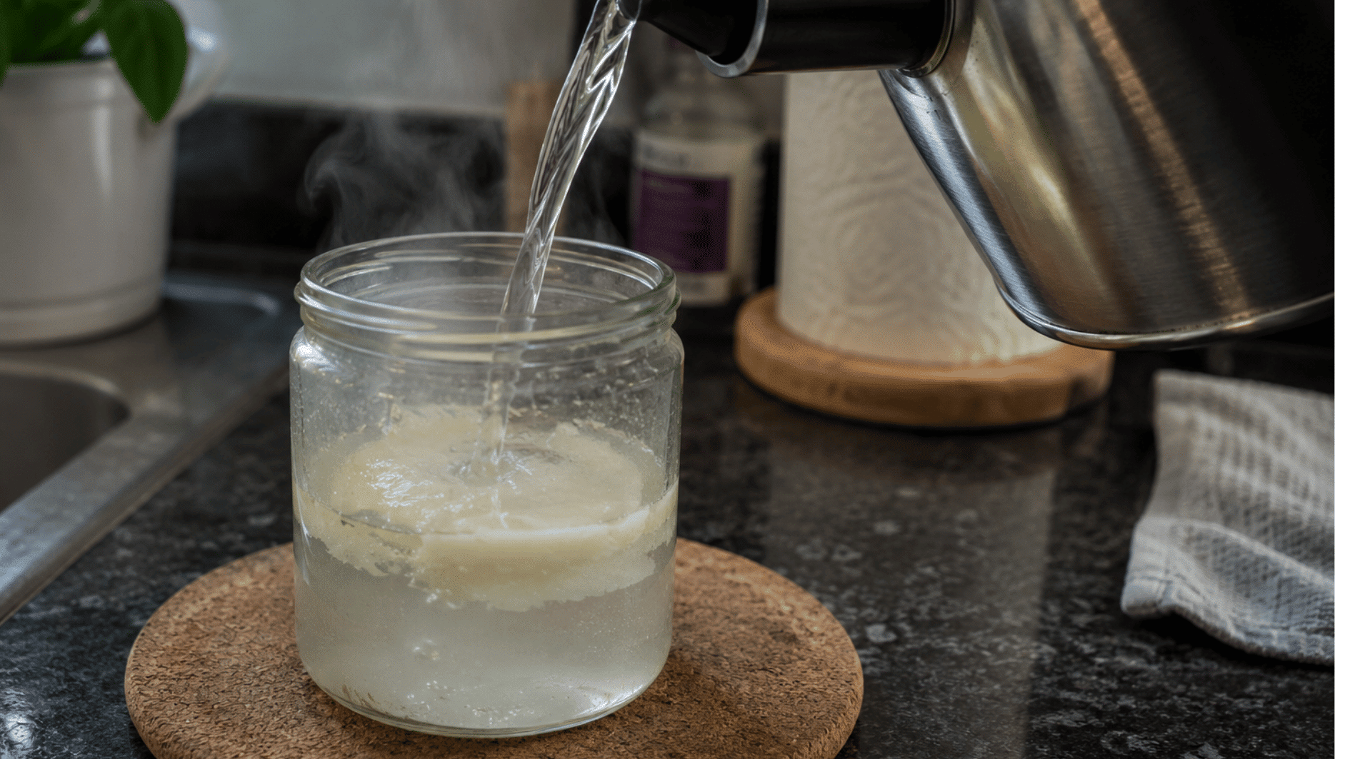 candle jar filled with hot water showing melted wax floating on top during wax removal process (2)