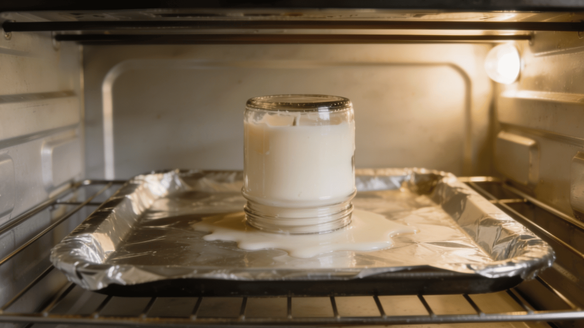 candle jar placed upside down on foil lined tray inside oven for melting and removing leftover wax