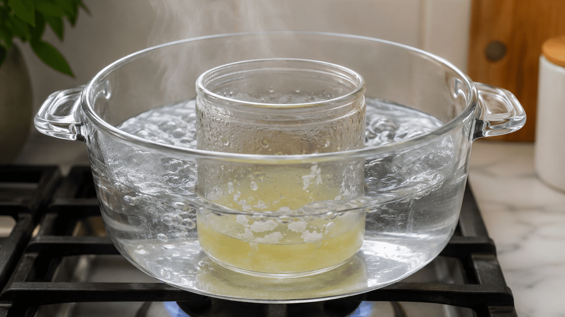 candle jar warming in a water bath on stovetop as wax slowly melts away from the glass (2)