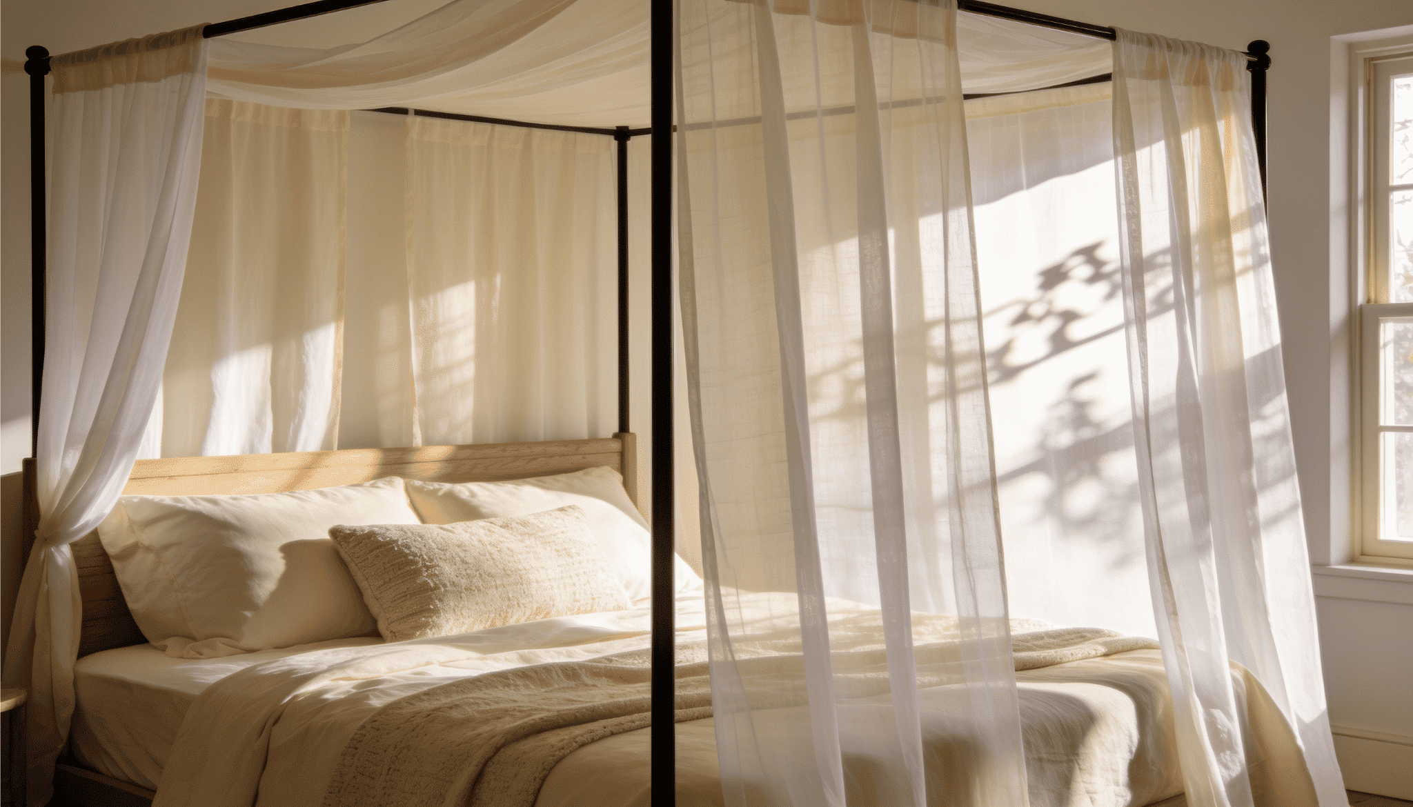 canopy bed with sheer white curtains, cream linens, and dappled sunlight casting tree shadows on wall