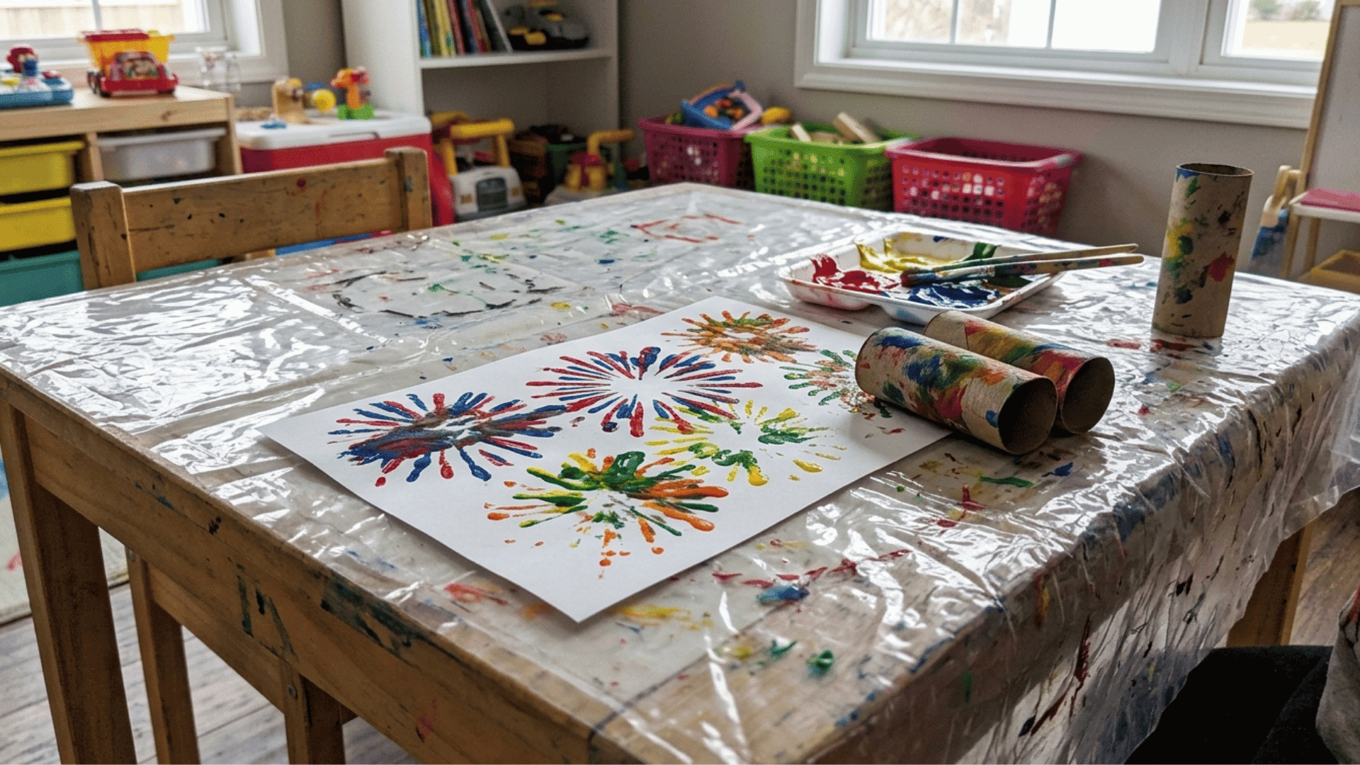 cardboard tube firework stamp art drying on a paint-splattered playroom table