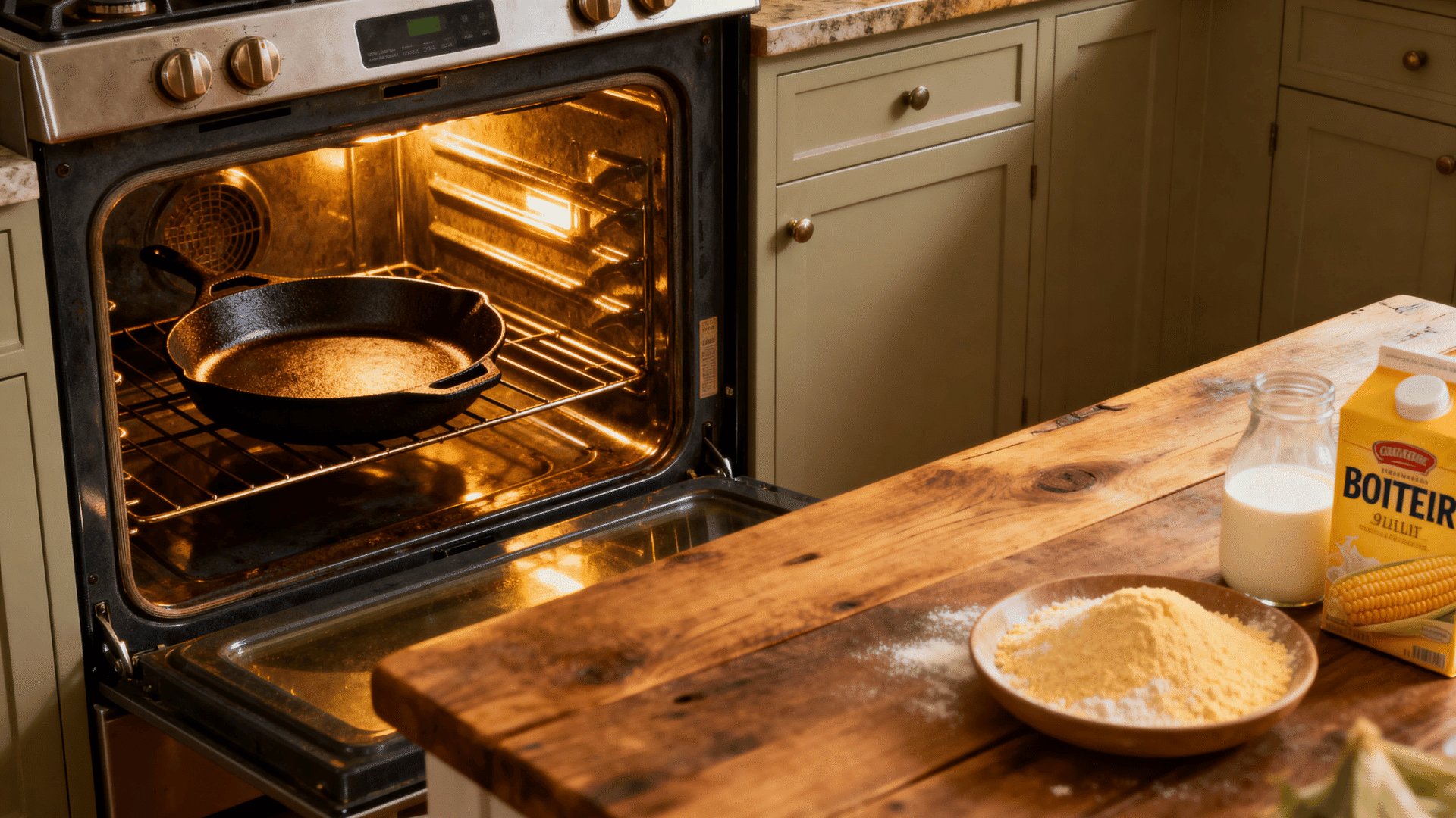 cast-iron skillet heating in an oven for southern-style cornbread