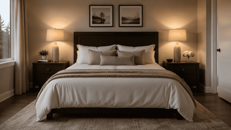 centered wide shot of a bed with dark wood nightstands on both sides warm fabric-shade table lamps casting soft lights