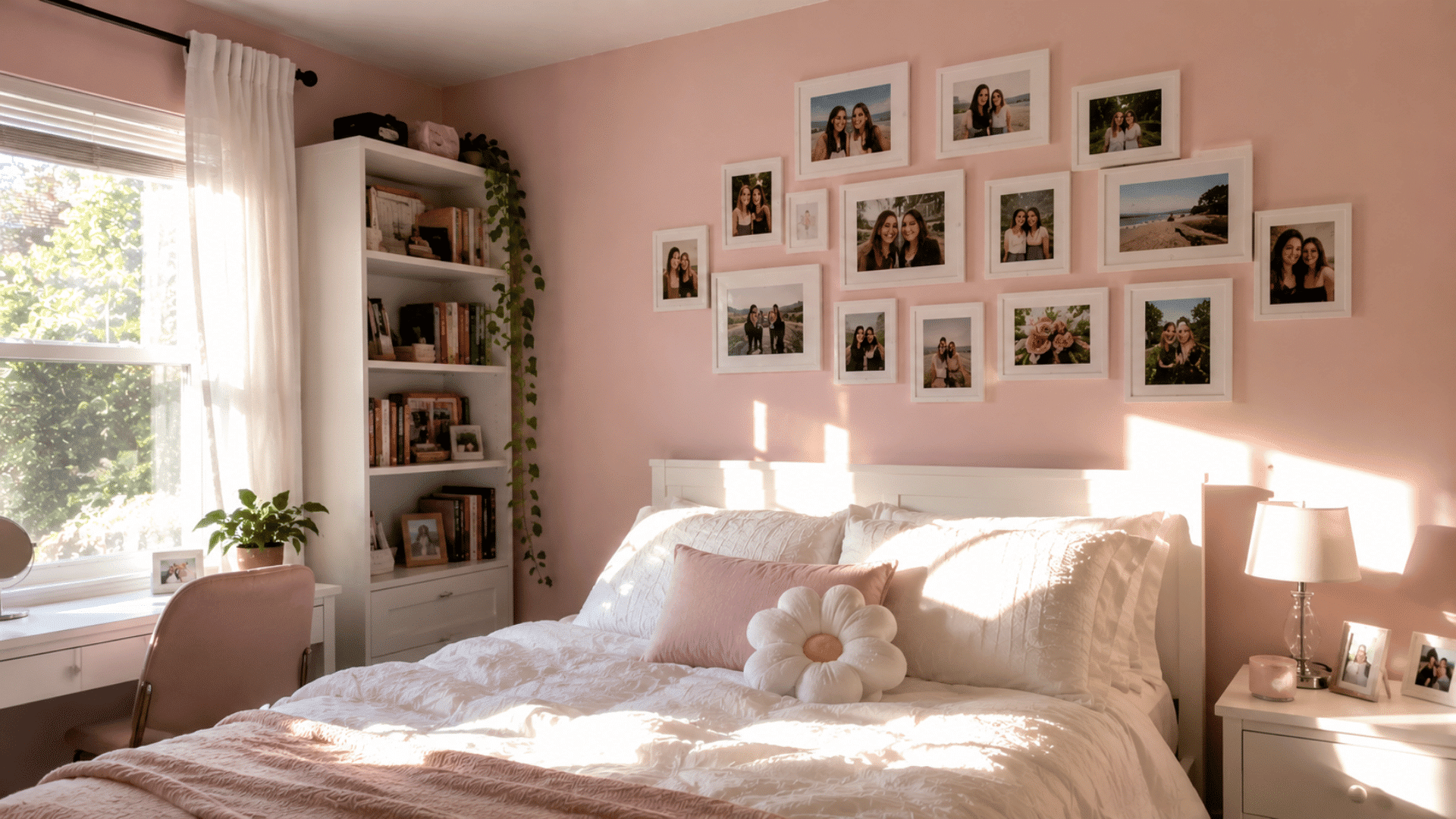 cheerful pink bedroom with a wall of personal photos in white frames, morning sunlight and white bedding