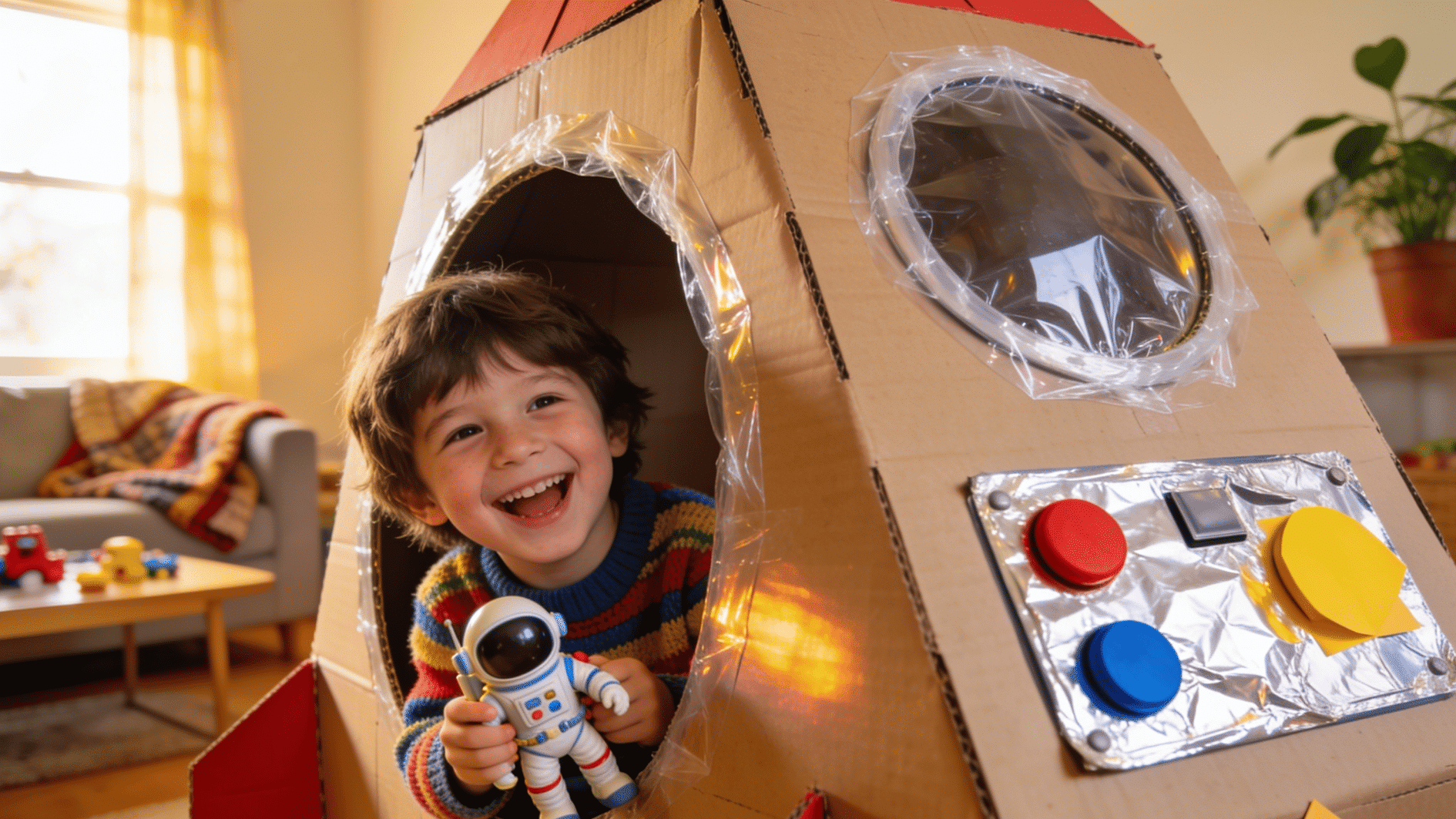 child playing inside a decorated cardboard box spaceship with cut-out circular windows covered in plastic wrap, foil control panels, and paper buttons, set up in a living room
