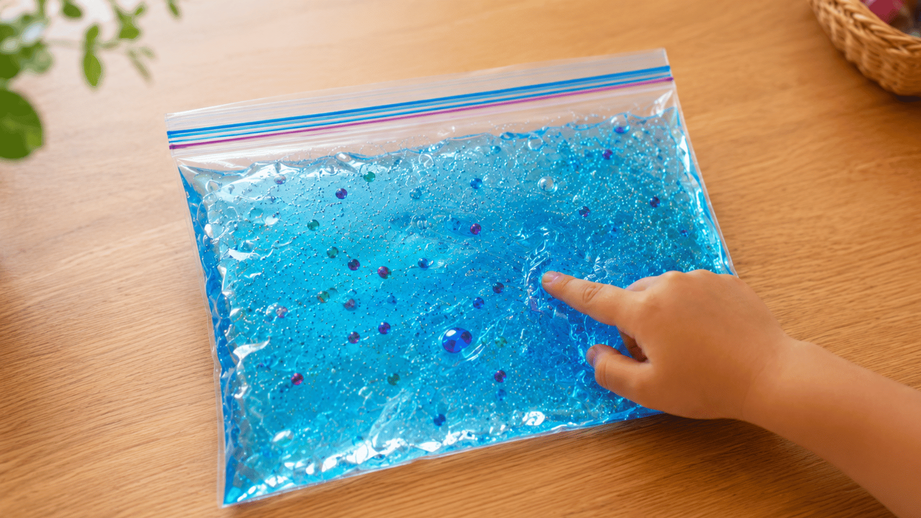 child pressing blue gel sensory bag with glitter and beads on a wooden table during sensory playtime