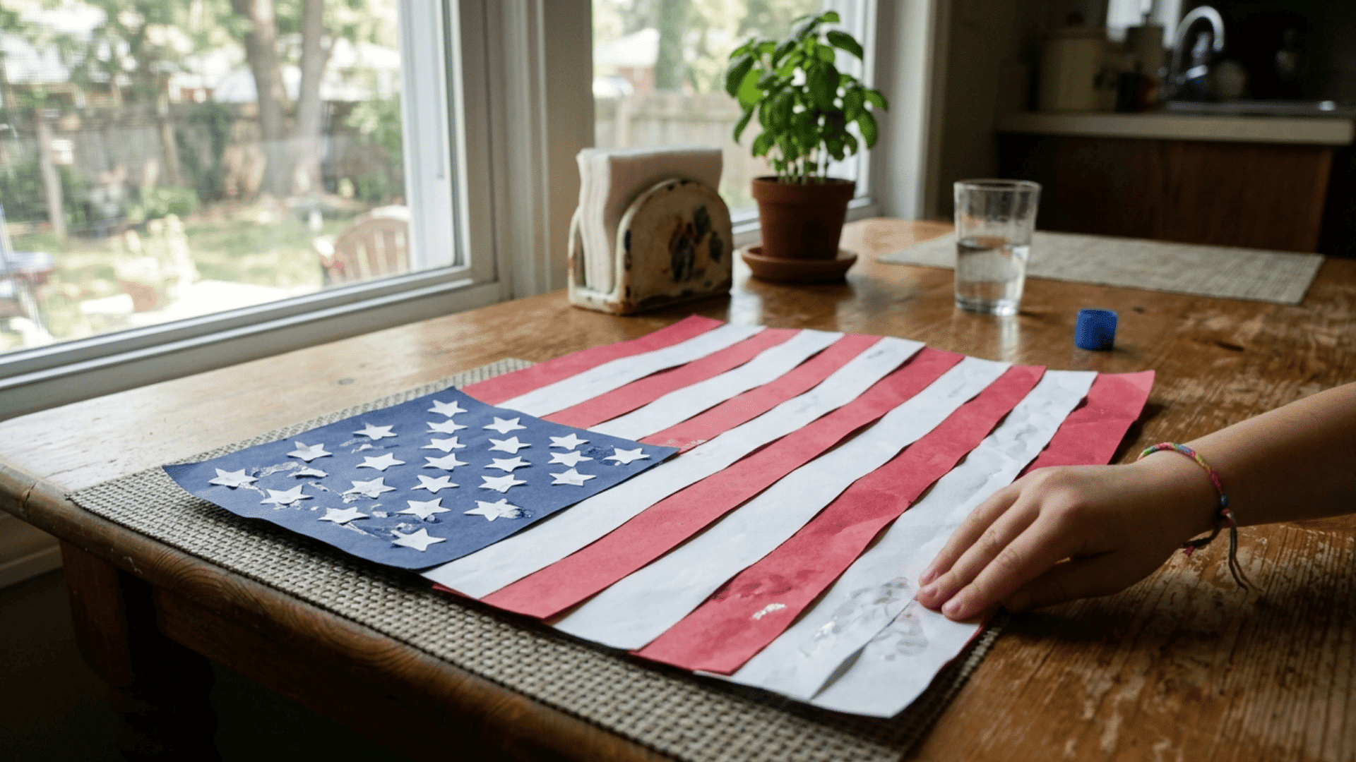 child smoothing down strips on a handmade paper american flag craft on a kitchen table