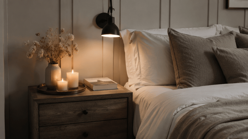close three quarter view focusing on a styled nightstand beside a bed small round tray holding two candles a short vase with dried flowers, and a stacked book bed with off white bedding and a ligh