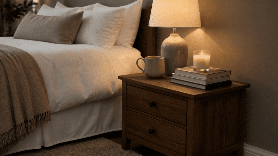 close three quarter view of a nightstand beside a bed styled with a small stack of books a single candle in a glass holder