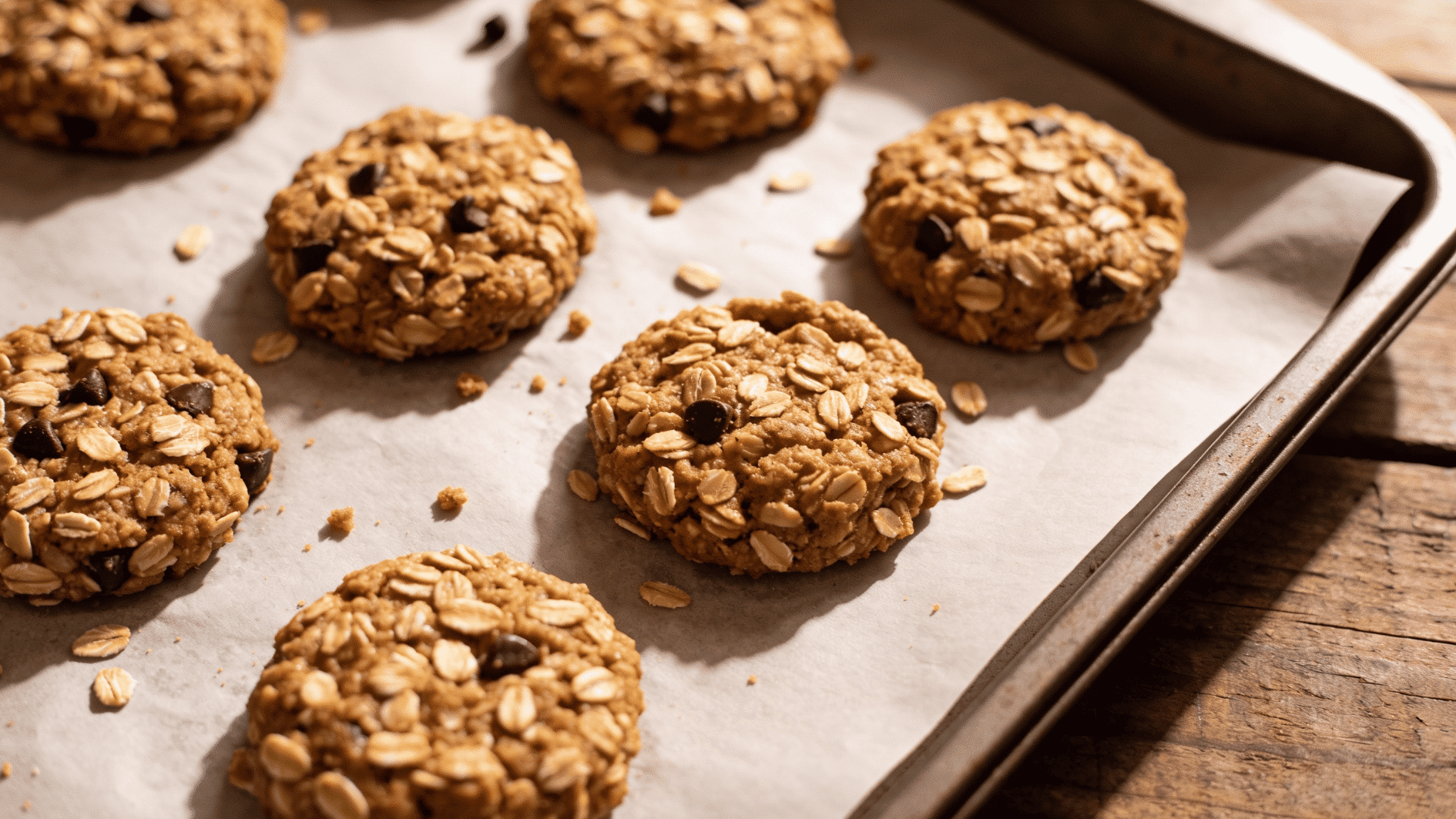 close-up food photography of freshly baked banana oat cookies on a parchment-lined baking tray, soft golden texture, visible oat flakes and small chocolate chips, natural daylight from a kitchen w