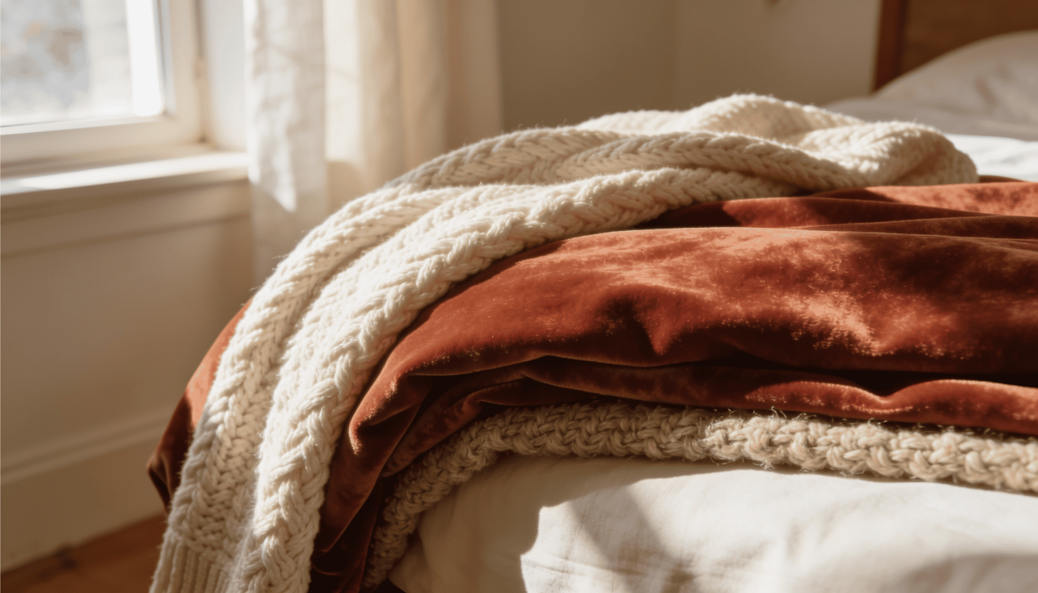 close-up of layered chunky knit throws and rust velvet blanket on a bed, with soft sunlight through a window