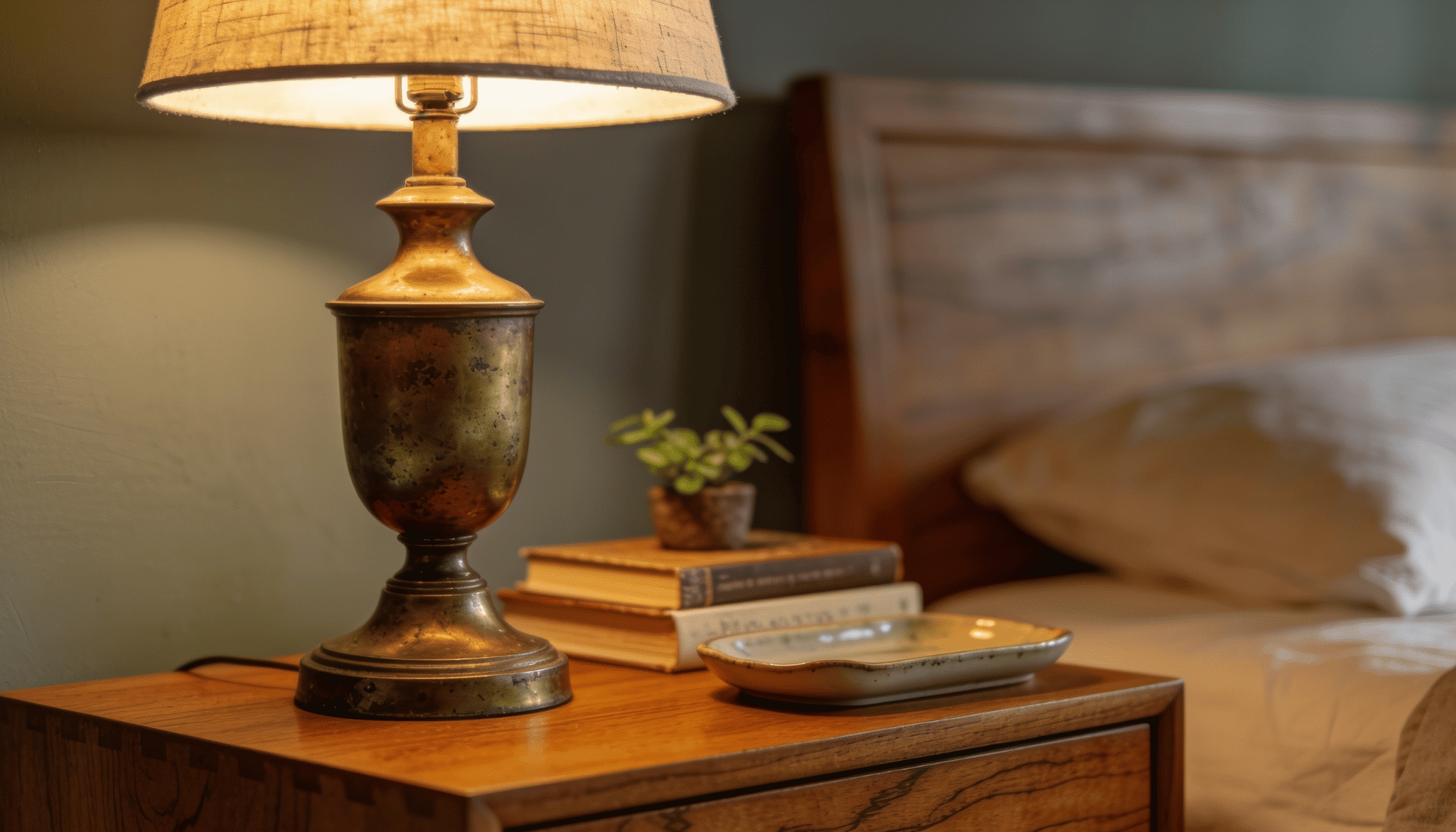 close-up of vintage brass lamp on wooden nightstand with stacked books and small potted plant