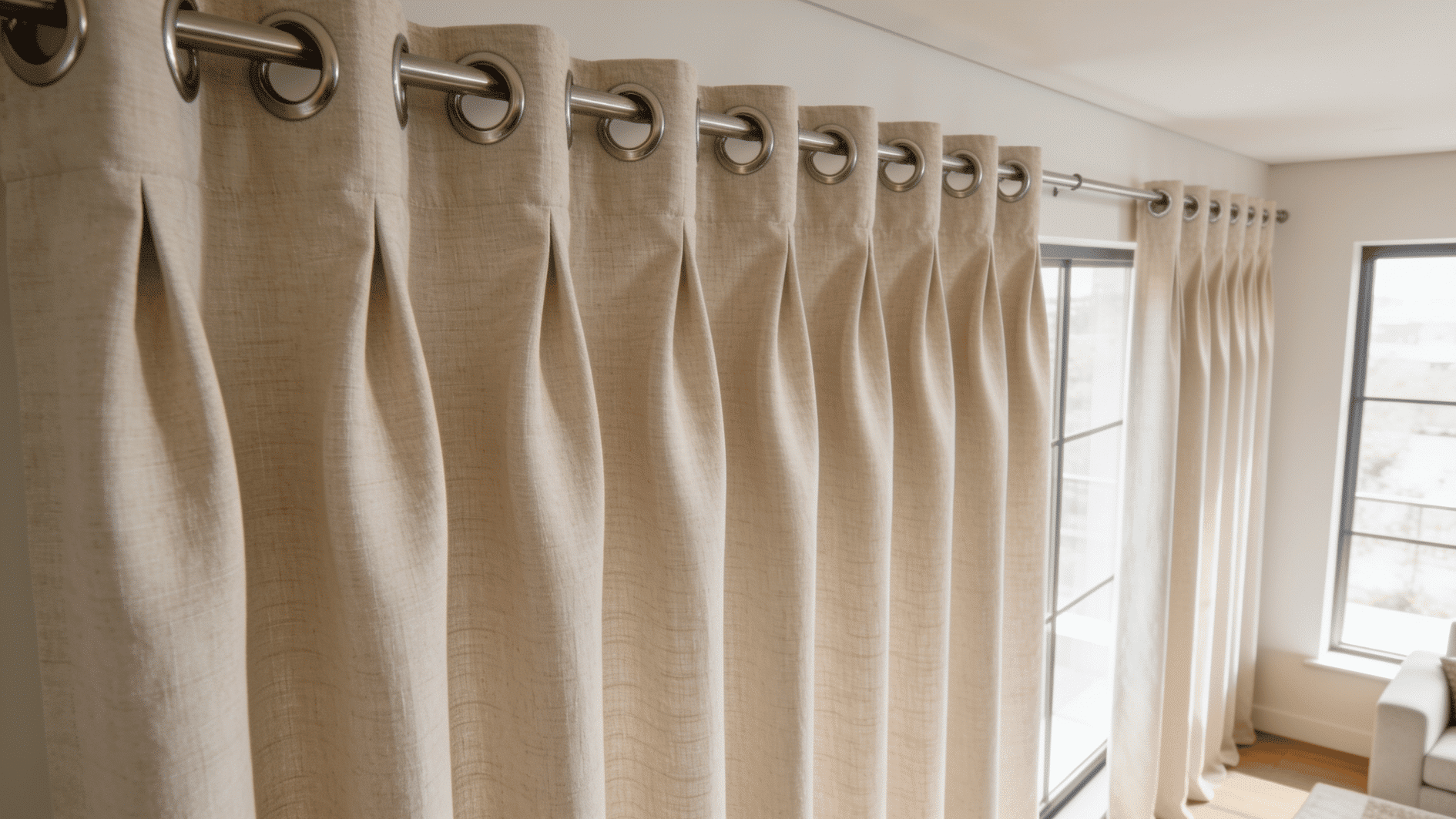 close-up wide-angle photo of pleated beige linen grommet curtains on a metal rod, draping along sunlit windows.