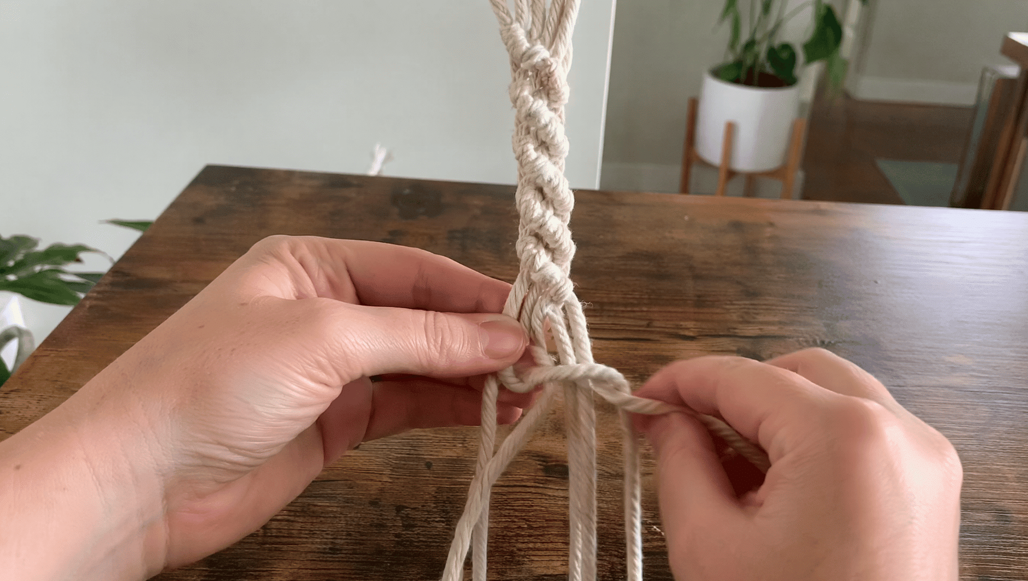 close view of hands tying macrame cords together to create a plant hanger knot pattern