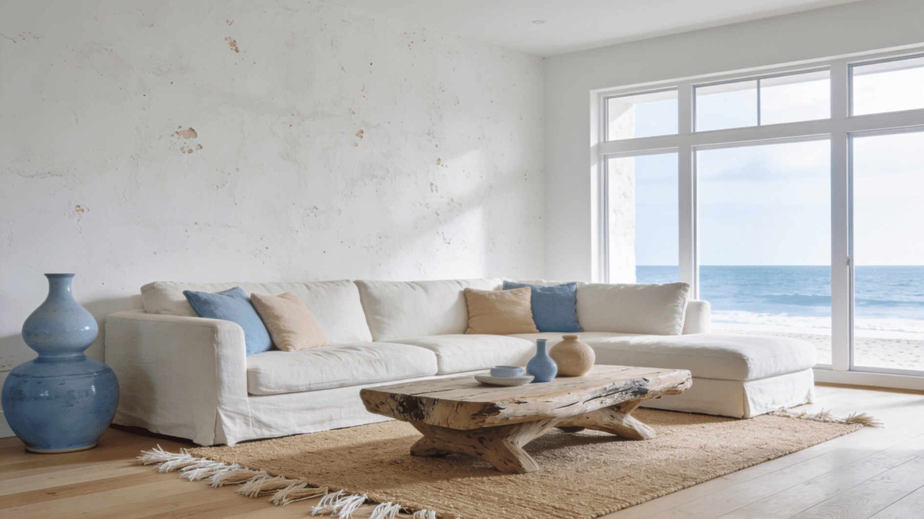 coastal living room with soft blue tones linen textures driftwood furniture and calm beach inspired atmosphere