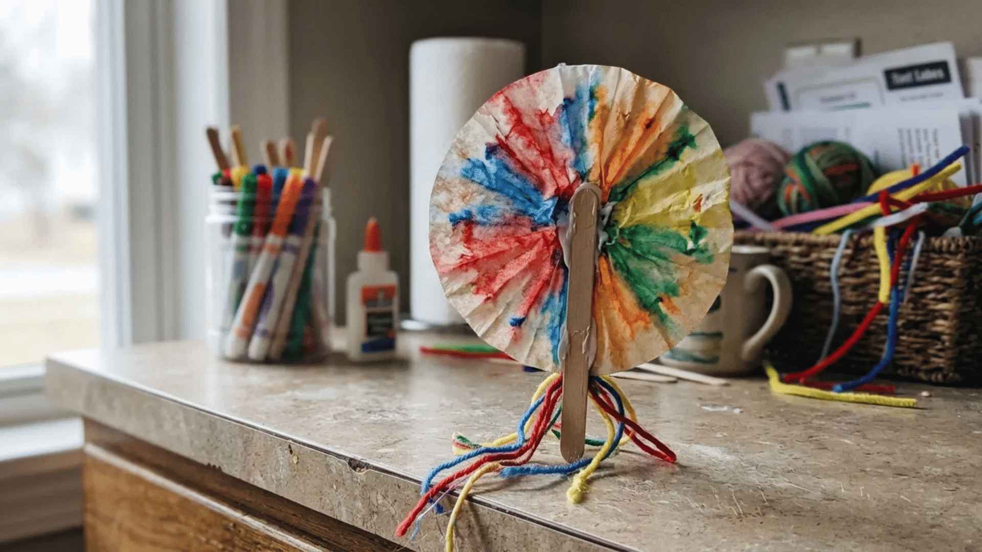coffee filter firework craft on a stick with yarn tassels on a kitchen counter