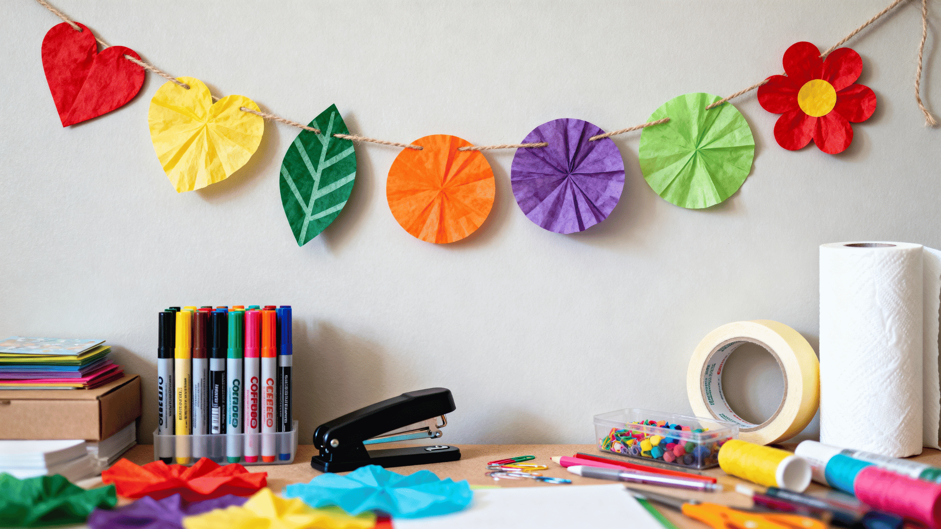 coffee filter garland pieces strung on yarn across a craft wall with colorful shapes and supplies below nearby