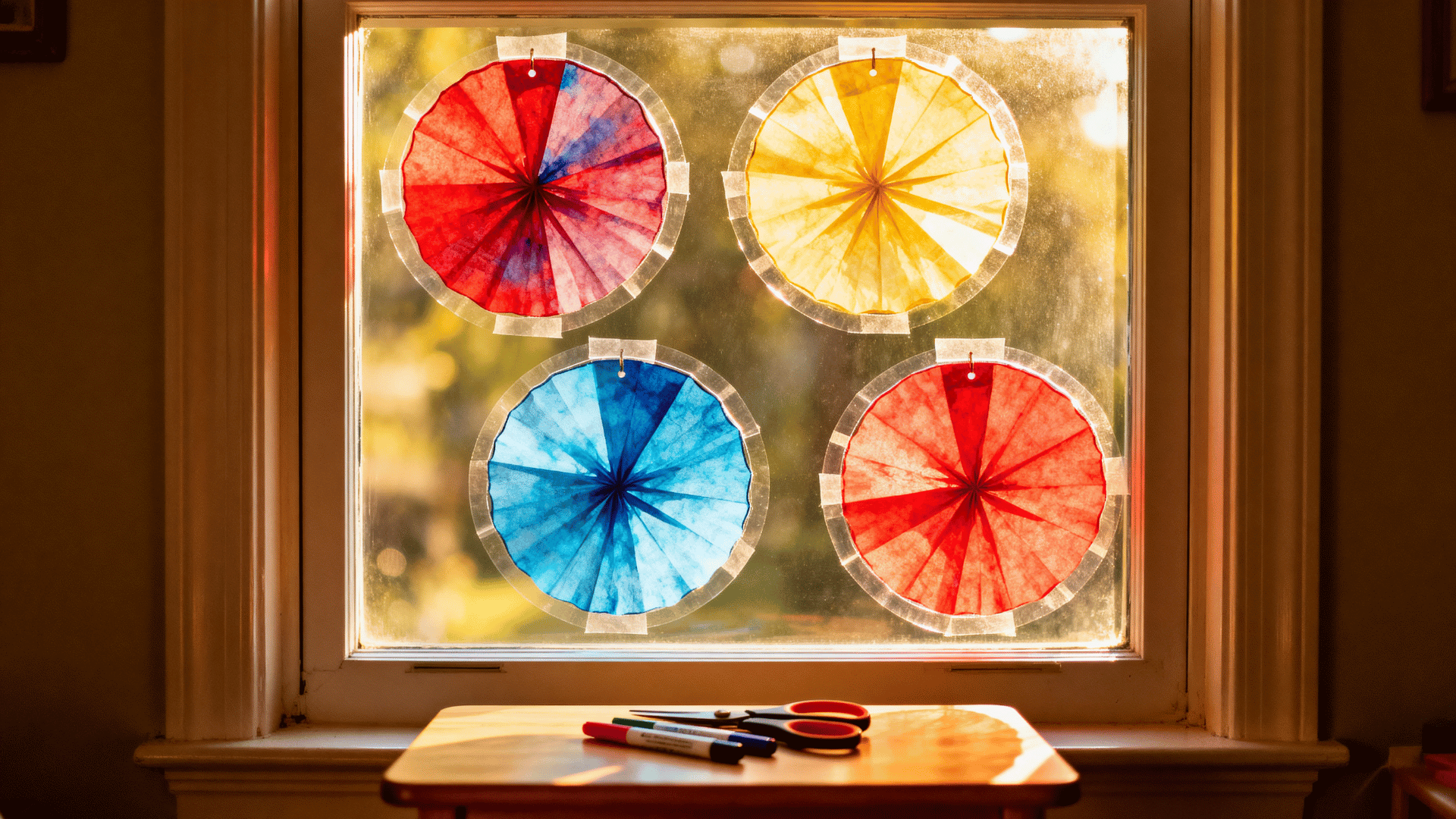 coffee filter suncatchers taped to a sunny window with soft blended colors and smooth clear contact paper edges