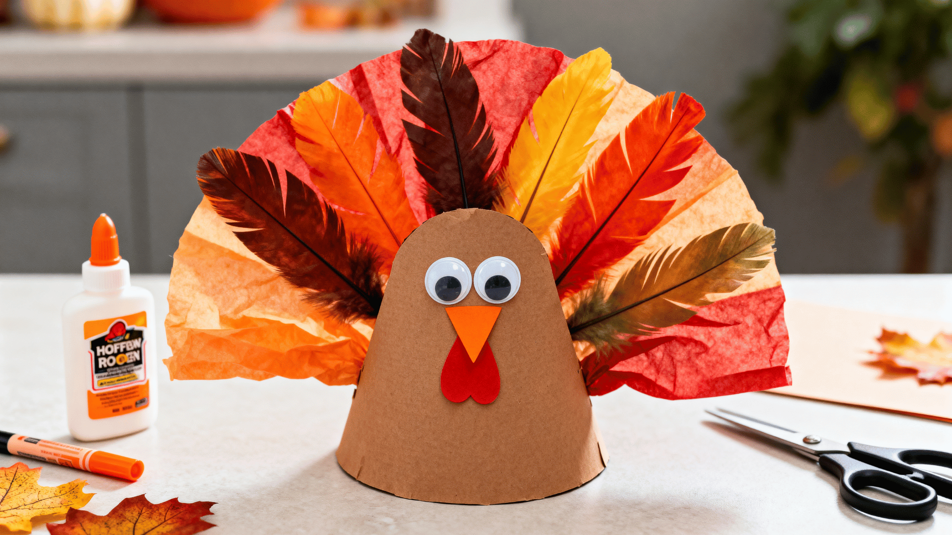 coffee filter turkey craft with colorful feather filter, paper body, googly eyes, and fall markers on a table nearby