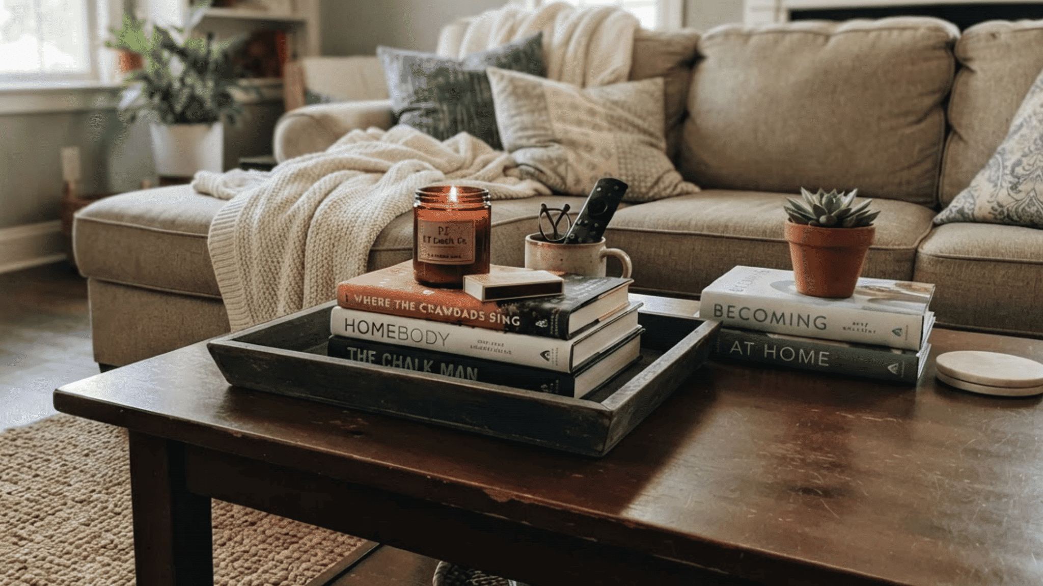 coffee table with stacked books and tray in transitional american living room