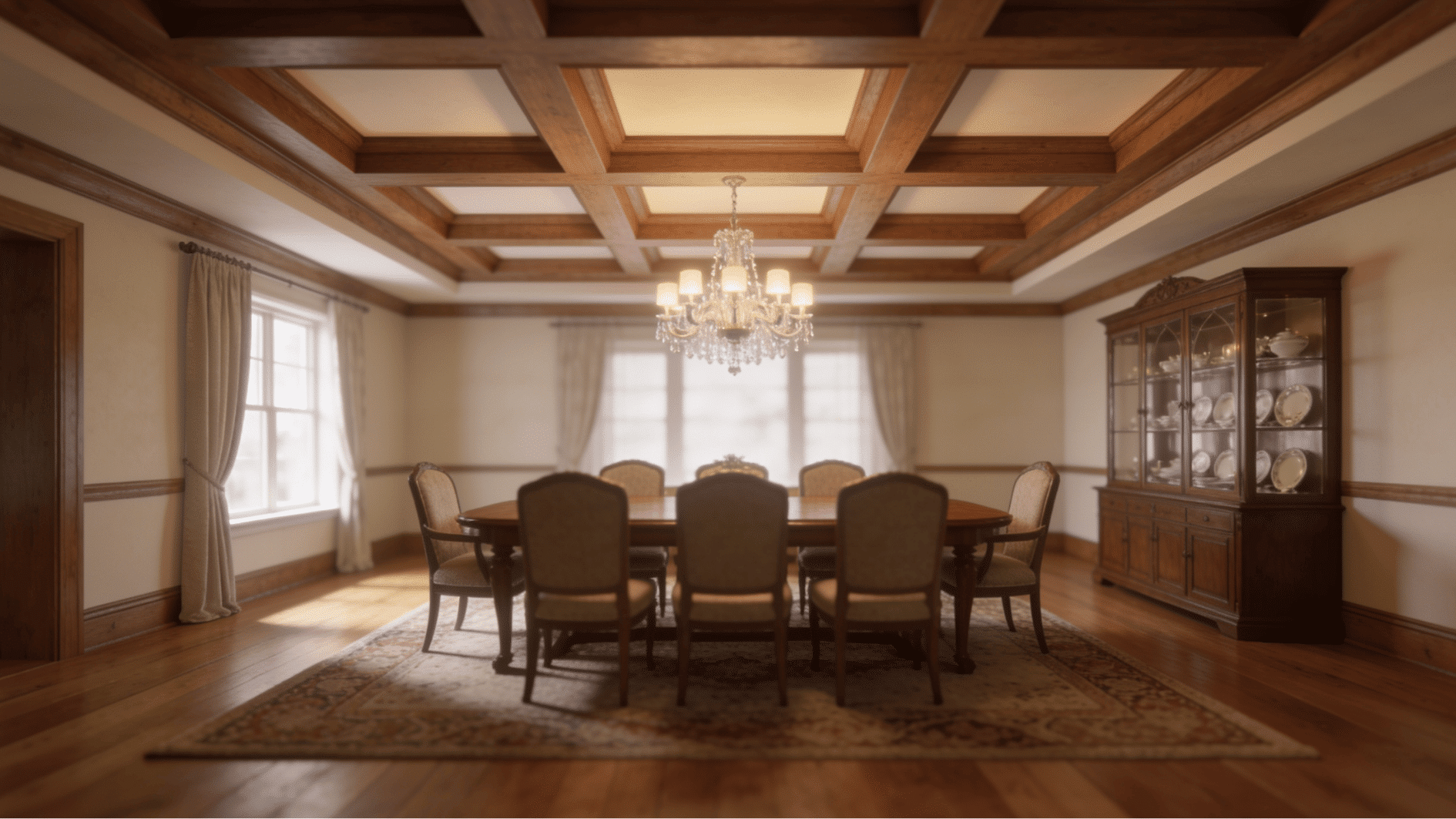 coffered wood ceiling with recessed wood panels in a traditional dining room with elegant natural lighting