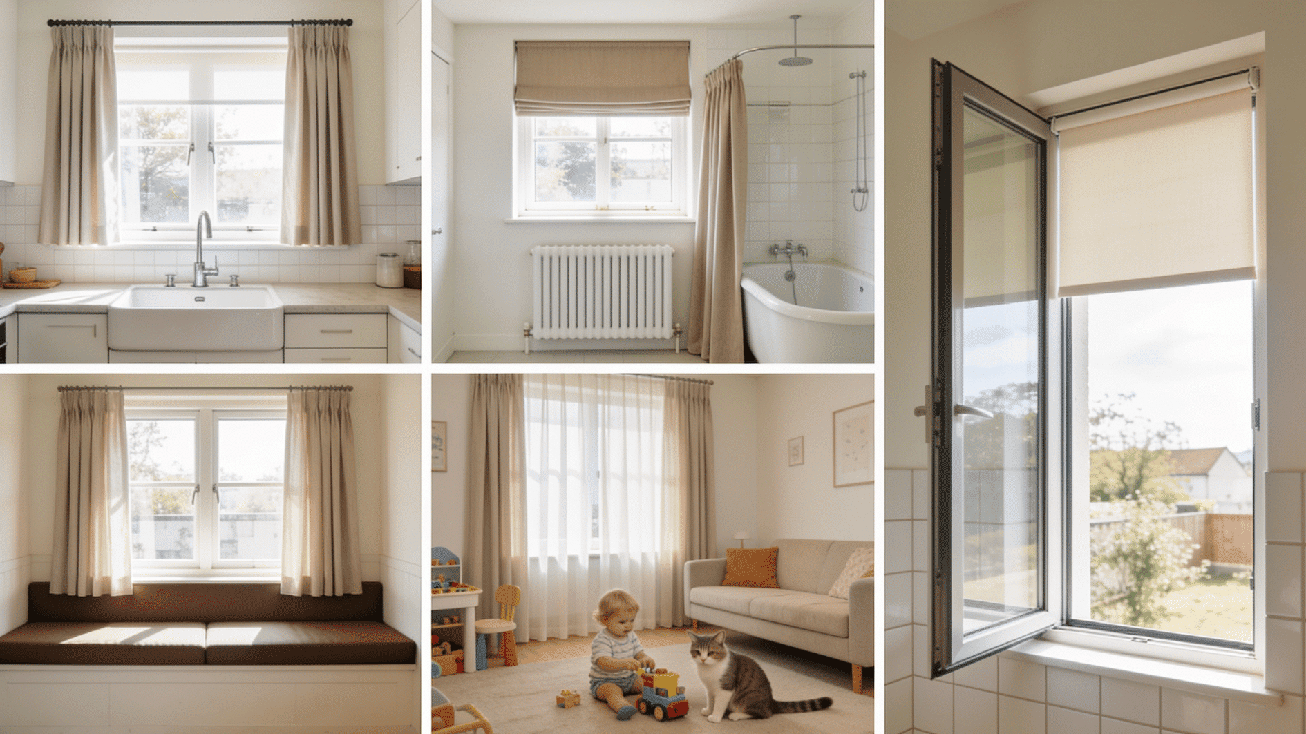 collage of the when curtains should not be floor lrngth, bathtoom and sink images