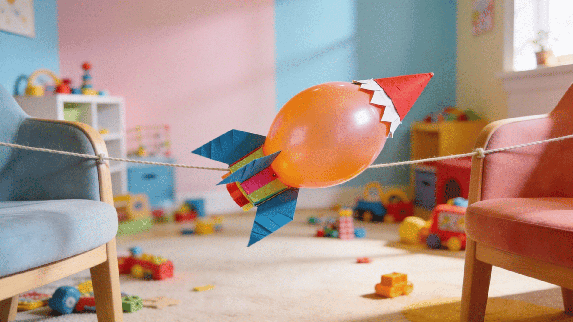 colorful balloon rocket craft mid-launch along a string strung between two chairs, decorated with paper fins and a paper nose cone, captured in a bright playroom