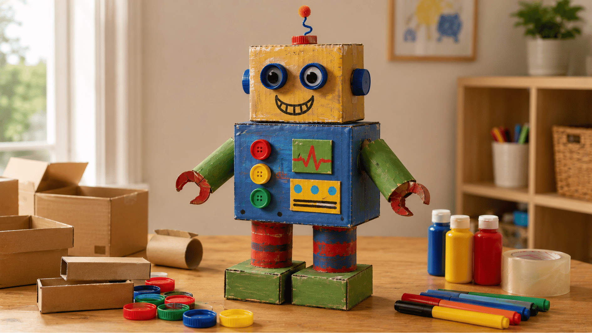 colorful cardboard robot craft with painted boxes bottle caps markers and paint on a wooden tabletop