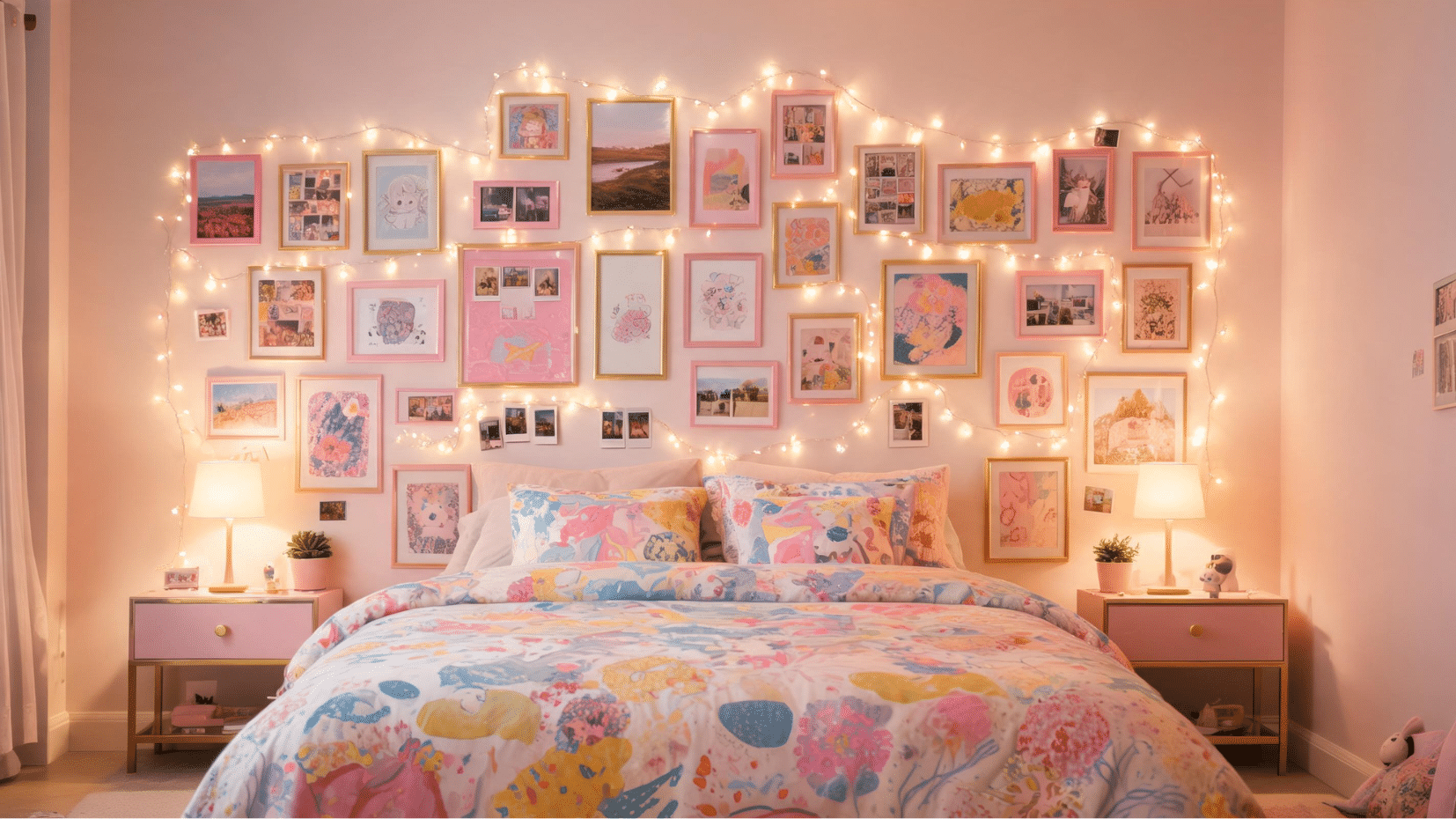 colorful cozy bedroom with gallery wall and fairy light