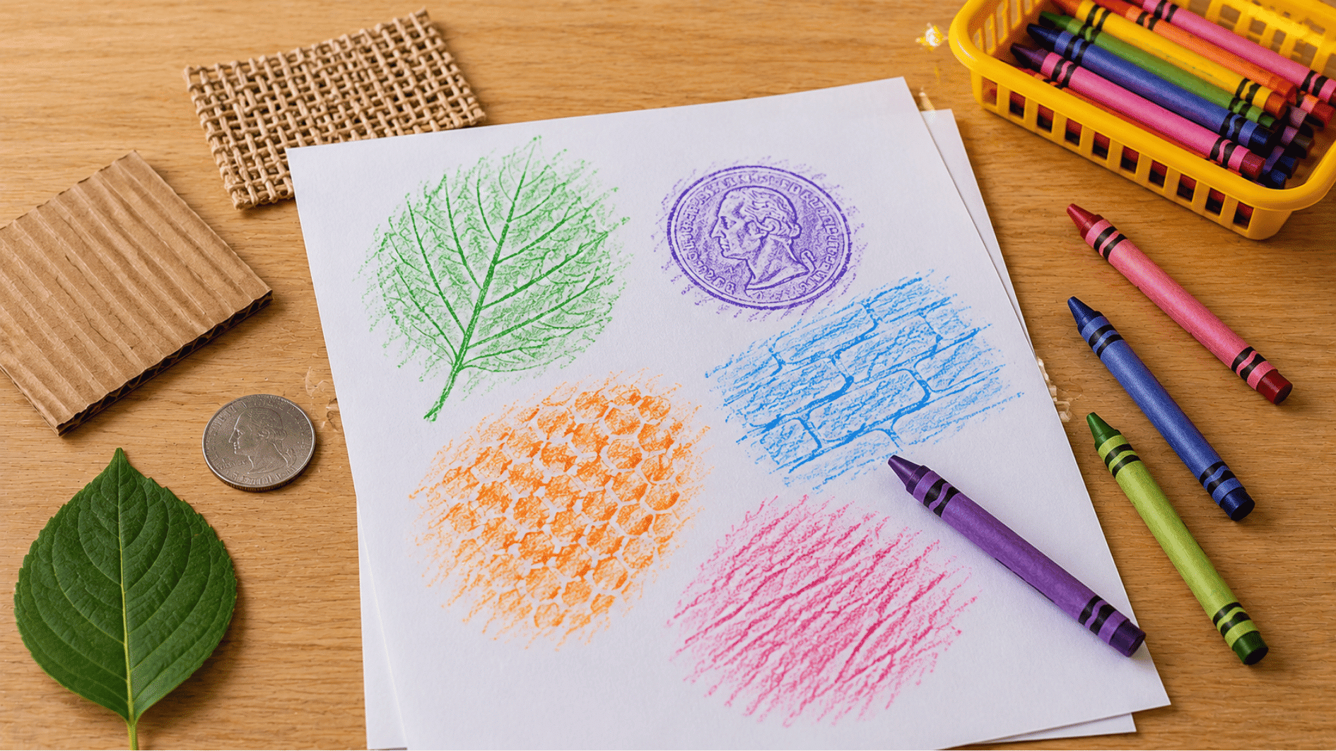 colorful crayon texture rubbings of a leaf coin cardboard and woven mat arranged on white paper page